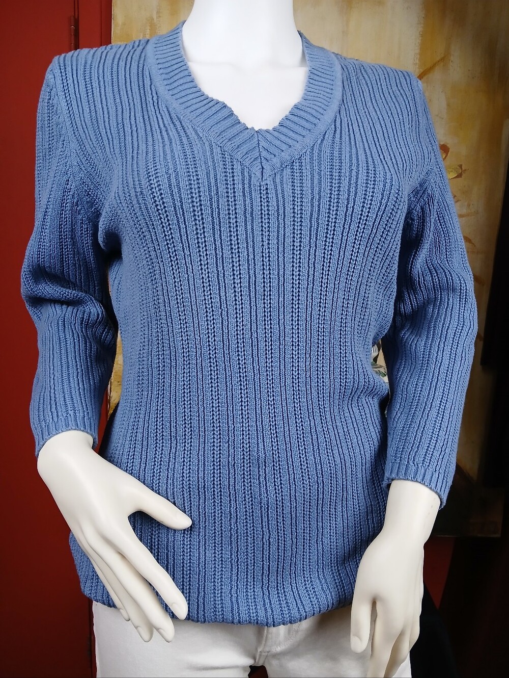 Faded Glory Slate Blue Ribbed V-Neck Knit Sweater Cotton Blend Pullover L 12/14